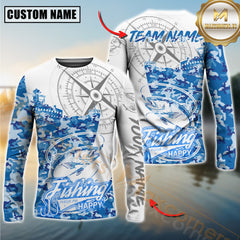 Maxcorners Trout Fishing Blue Camouflage Compass Hook Design Pattern Sport Jersey Personalized Name, Team Name Long Sleeve Shirt