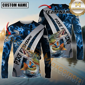 Maxcorners Pike Fishing Blue Flame Smoke Silver Dynamic Wave Sport Jersey Personalized Name, Team Name Long Sleeve Shirt