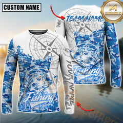 Maxcorners Bass Fishing Blue Camouflage Compass Hook Design Pattern Sport Jersey Personalized Name, Team Name Long Sleeve Shirt