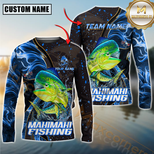 Maxcorners Mahi-Mahi Fishing Blue Flame Smoke Line Premium Style Sport Jersey Personalized Name, Team Name Long Sleeve Shirt