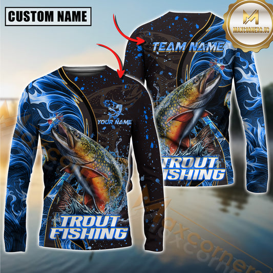 Maxcorners Trout Fishing Blue Flame Smoke Line Premium Style Sport Jersey Personalized Name, Team Name Long Sleeve Shirt