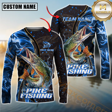 Maxcorners Pike Fishing Blue Flame Smoke Line Premium Style Sport Jersey Personalized Name, Team Name Long Sleeve Shirt
