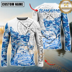 Maxcorners Walleye Fishing Blue Camouflage Compass Hook Design Pattern Sport Jersey Personalized Name, Team Name Long Sleeve Shirt