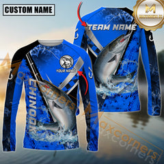 Maxcorners Chinook Fishing Dark Blue Flame Silver Reel Pattern Jersey Personalized Name, Team Name Long Sleeve Shirt