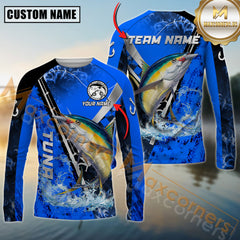 Maxcorners Tuna Fishing Dark Blue Flame Silver Reel Pattern Jersey Personalized Name, Team Name Long Sleeve Shirt