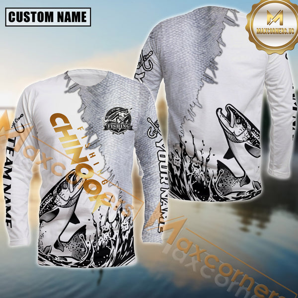 Maxcorners Chinook Fishing Golden Text With Skinfish Pattern Jersey Personalized Name, Team Name Long Sleeve Shirt