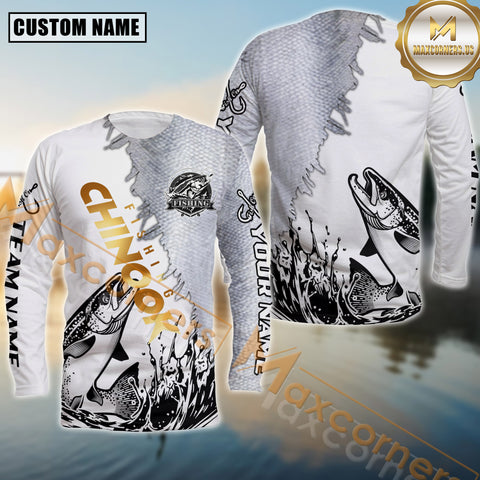 Maxcorners Chinook Fishing Golden Text With Skinfish Pattern Jersey Personalized Name, Team Name Long Sleeve Shirt