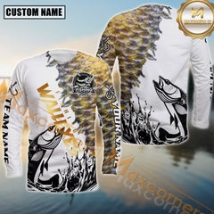 Maxcorners Walleyes Fishing Golden Text With Skinfish Pattern Jersey Personalized Name, Team Name Long Sleeve Shirt