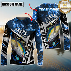 Maxcorners Tuna Fishing Silver Line Blue Flame Pattern Jersey Personalized Name, Team Name Long Sleeve Shirt