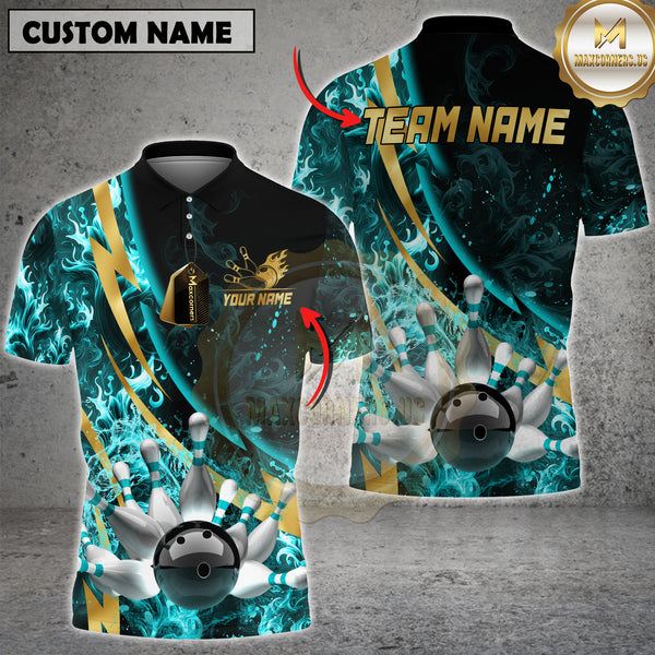 Maxcorners Bowling Lightning Strike Fire Multicolor Options Personalized Name, Team Name 3D Shirt (4 Colors)
