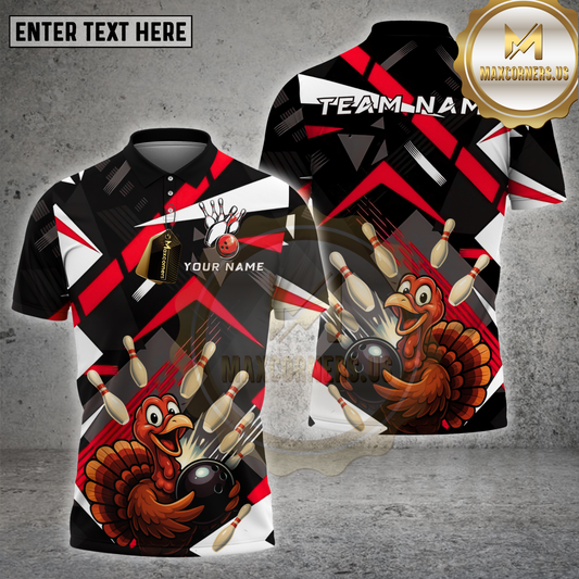 Maxcorners Bowling Shirt Funny Turkey Strike Cartoon Multicolor Options Personalized Name, Team Name Unisex 3D Shirt (4 Colors)