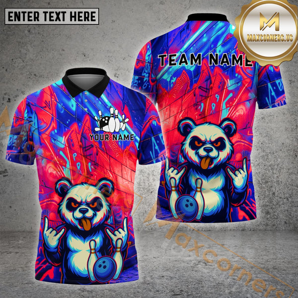 Custom Bowling Shirt with Panda Graphic – Neon Graffiti Style, Unisex 3D Bowling Jersey with Name & Team Options