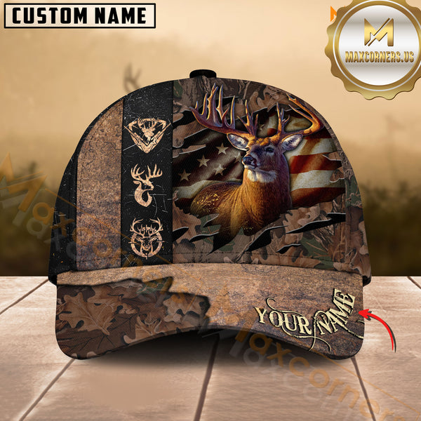 Maxcorners Deer Hunting American Flag Camo Leather Multicolor Options Personalized Name 3D Cap