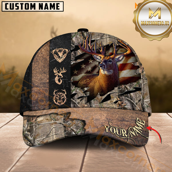 Maxcorners Deer Hunting American Flag Camo Leather Multicolor Options Personalized Name 3D Cap
