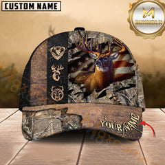 Maxcorners Deer Hunting American Flag Camo Leather Multicolor Options Personalized Name 3D Cap