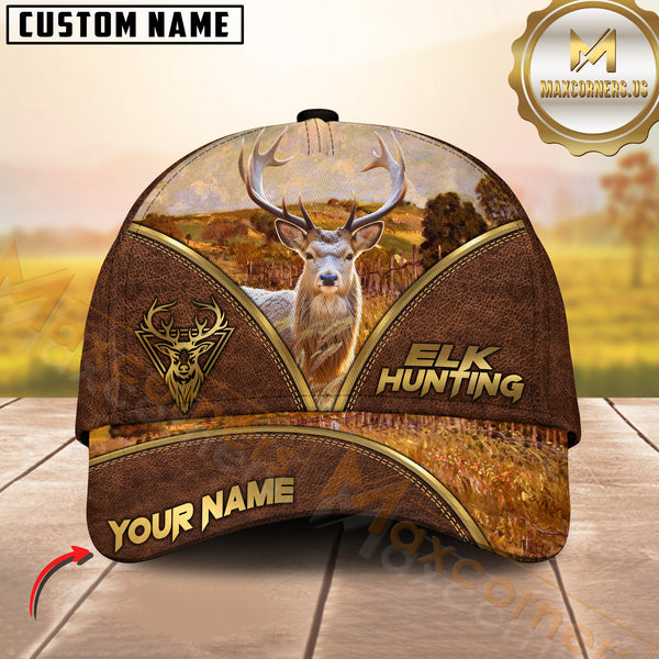 Maxcorners Hunting Brown Leather Style Multicolor Options Personalized Name 3D Cap