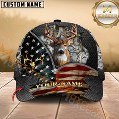Maxcorners Buck Deer Antler American Flag Zipper Multicolor Options Personalized Name 3D Cap