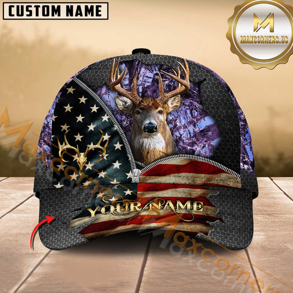 Maxcorners Buck Deer Antler American Flag Zipper Multicolor Options Personalized Name 3D Cap