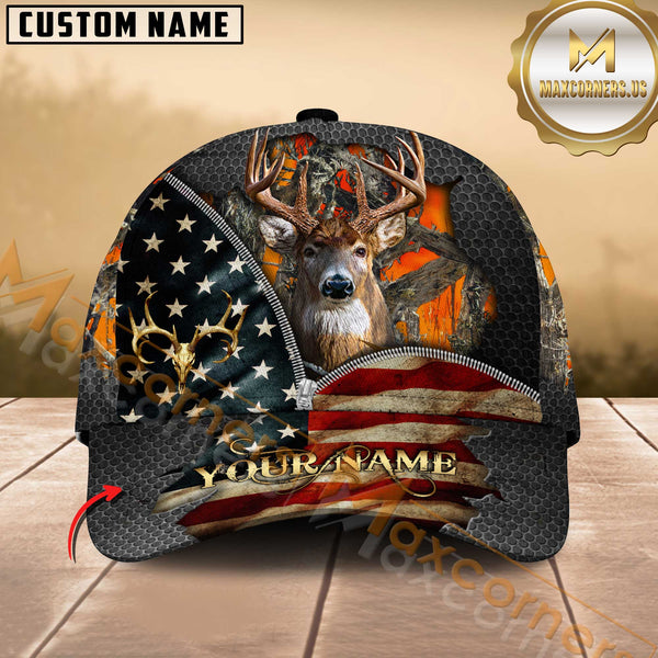 Maxcorners Buck Deer Antler American Flag Zipper Multicolor Options Personalized Name 3D Cap