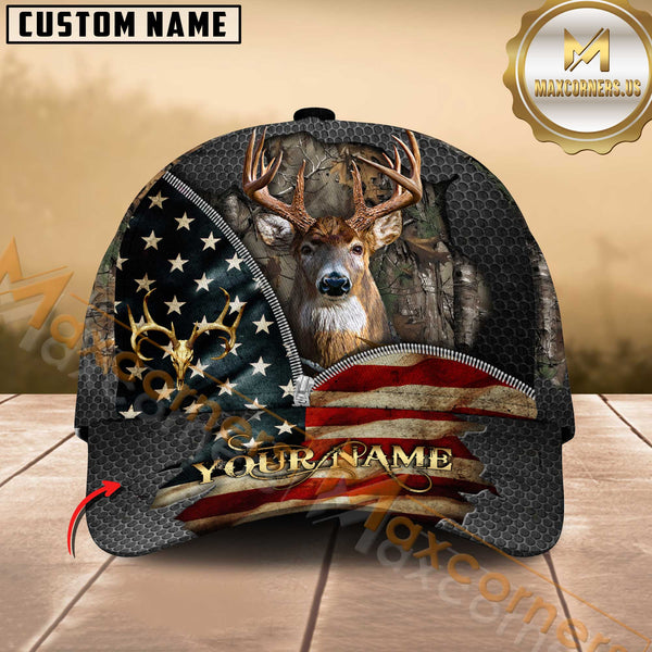 Maxcorners Buck Deer Antler American Flag Zipper Multicolor Options Personalized Name 3D Cap