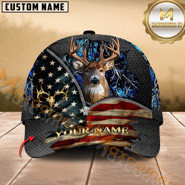 Maxcorners Buck Deer Antler American Flag Zipper Multicolor Options Personalized Name 3D Cap