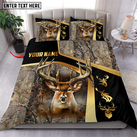Maxcorners Custom Name Deer Hunting Grass Brown Camo Golden Pattern Bedding Set 3D All Over Printed