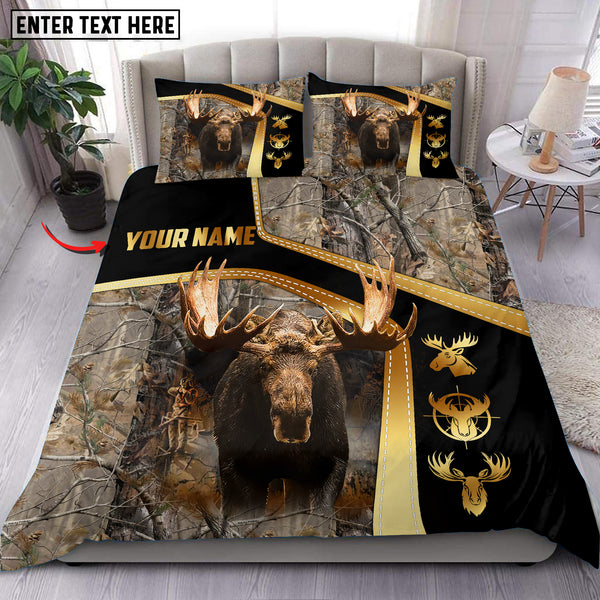 Maxcorners Custom Name Moose Hunting Grass Brown Camo Golden Pattern Bedding Set 3D All Over Printed