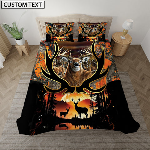 Maxcorners Custom Name Deer Hunting Orange Camo Couple Sunset Pattern Bedding Set 3D All Over Printed