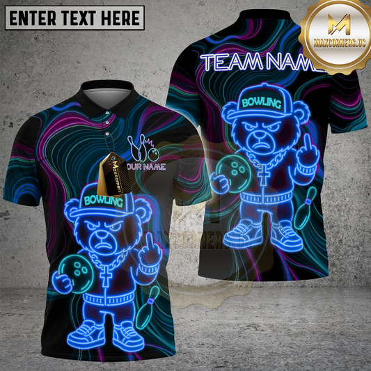 Maxcorners Bowling Bear Crossed Arms Neon Style Multicolor Options Personalized Name, Team Name 3D Shirt (4 Colors)