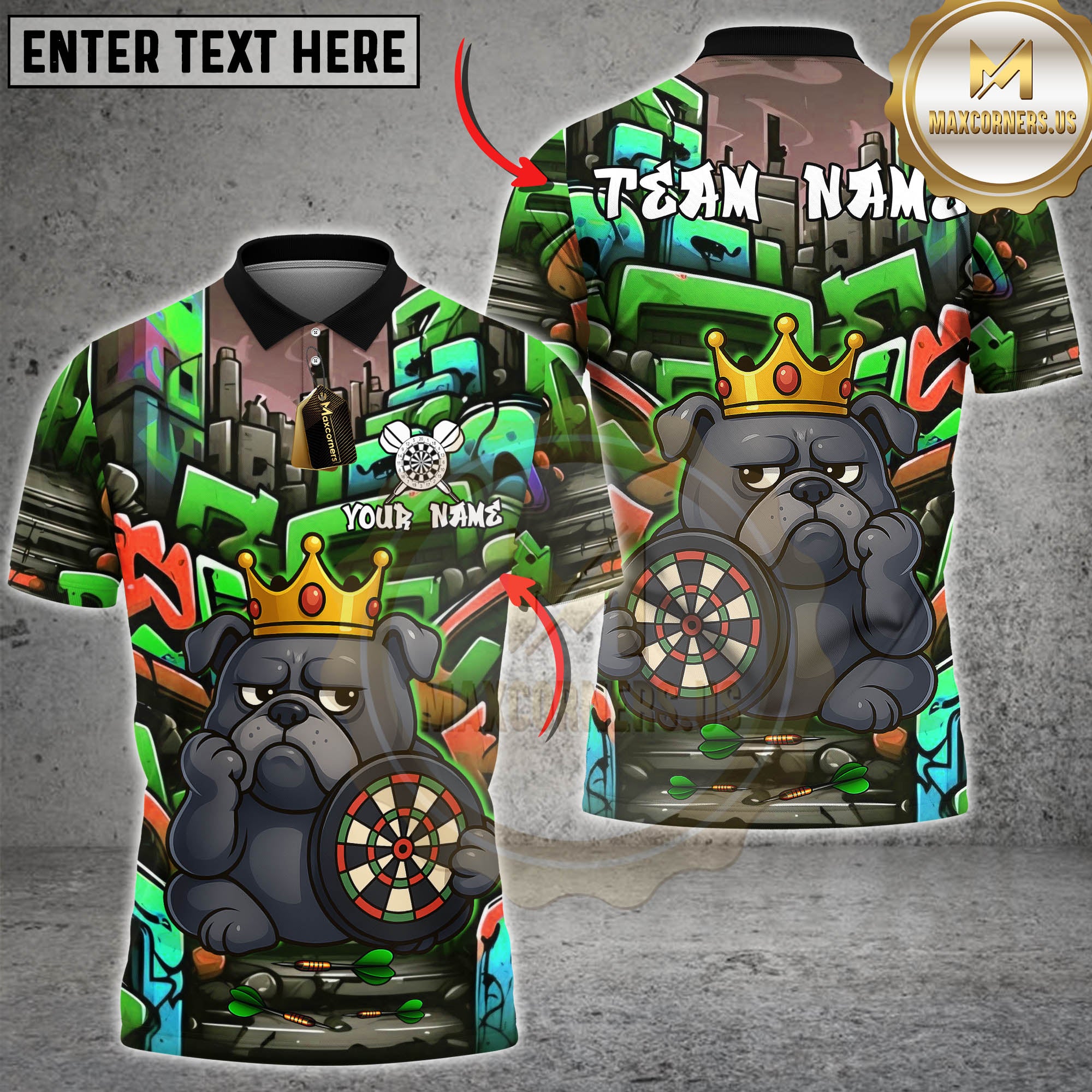 Graffiti-style darts shirt featuring a cartoon bulldog with a crown, holding a dartboard. Urban background with vibrant neon colors.