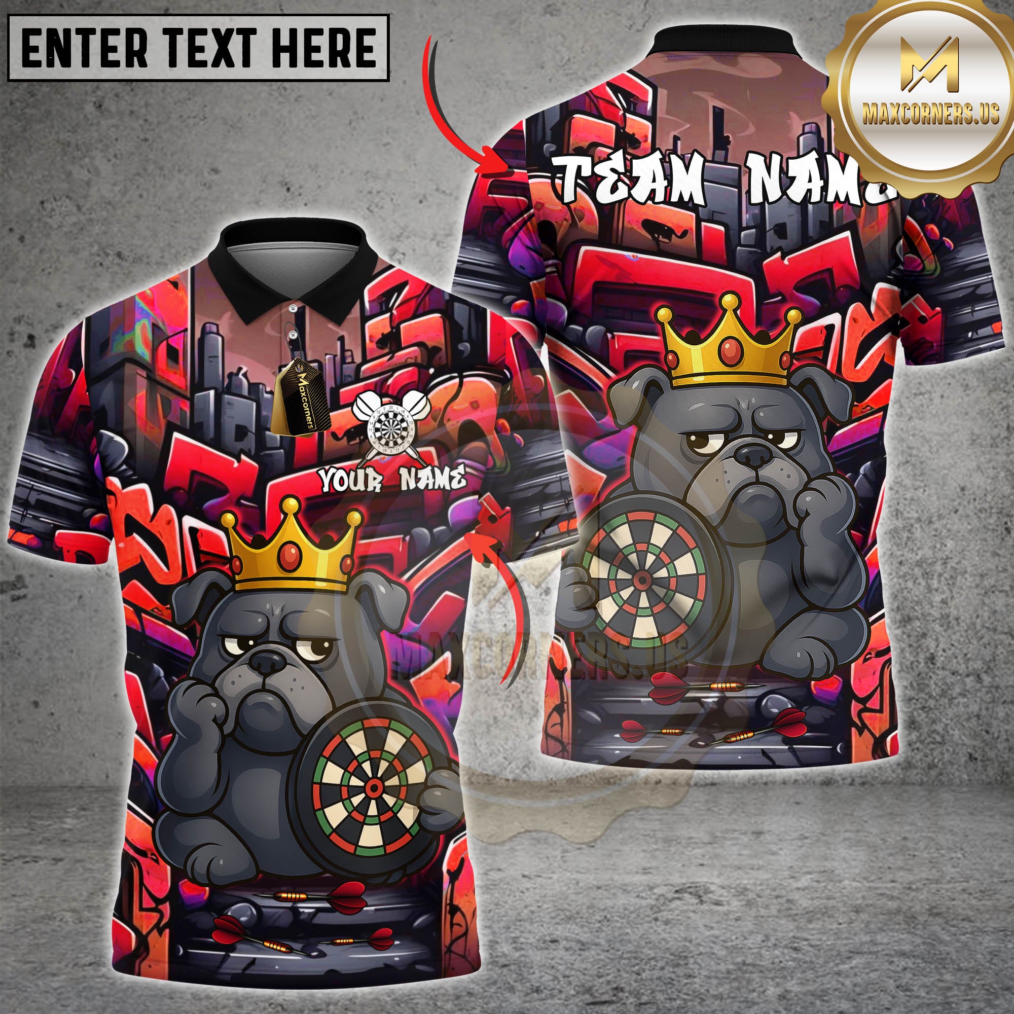 Graffiti-style darts shirt featuring a cartoon bulldog with a crown, holding a dartboard. Urban background with vibrant neon colors.