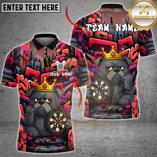 Graffiti-style darts shirt featuring a cartoon bulldog with a crown, holding a dartboard. Urban background with vibrant neon colors.