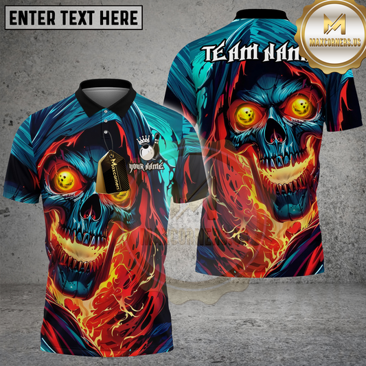 Maxcorners Fiery Skull Bowling Shirt Inferno Skull With Glowing Eyes Multicolor Options Personalized Name Team Name 3D Shirt (4 Colors)