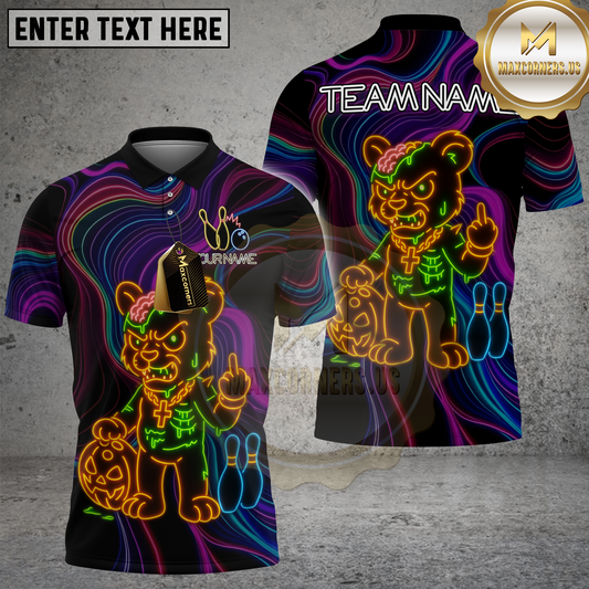 Maxcorners Bowling Neon Angry Bear Multicolor Options Personalized Name, Team Name 3D Shirt (4 Colors)