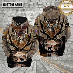 Maxcorners Deer Hunting Antler Grass Brown Camo Forest Golden Line Pattern Custom Name Shirt 3D All Over Printed Clothes