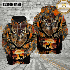 Maxcorners Deer Hunting Antler Orange Camo Forest Golden Line Pattern Custom Name Shirt 3D All Over Printed Clothes