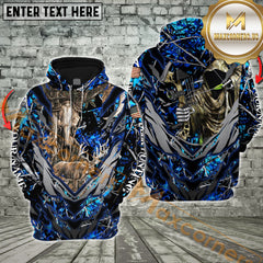 Maxcorners Hunting Hoodie Grim Reaper Bowhunter Skull Deer Blue Camo Multioptions Custom Name Shirt 3D All Over Printed Clothes