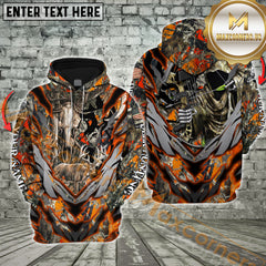 Maxcorners Hunting Hoodie Grim Reaper Bowhunter Skull Deer Orange Camo Multioptions Custom Name Shirt 3D All Over Printed Clothes
