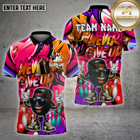 Maxcorners Bowling Shirt Never Give Up Graffiti Cool Style Multicolor Options Personalized Name, Team Name 3D Shirt (4 Colors)