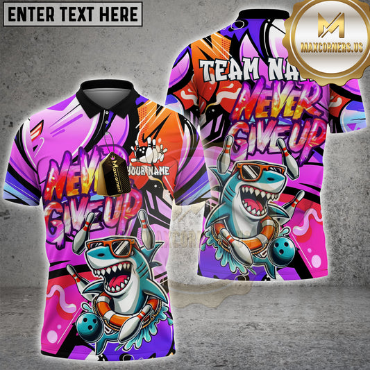 Maxcorners Bowling Shirt Shark Cartoon Never Give Up Design Multicolor Options Personalized Name, Team Name 3D Shirt (4 Colors)