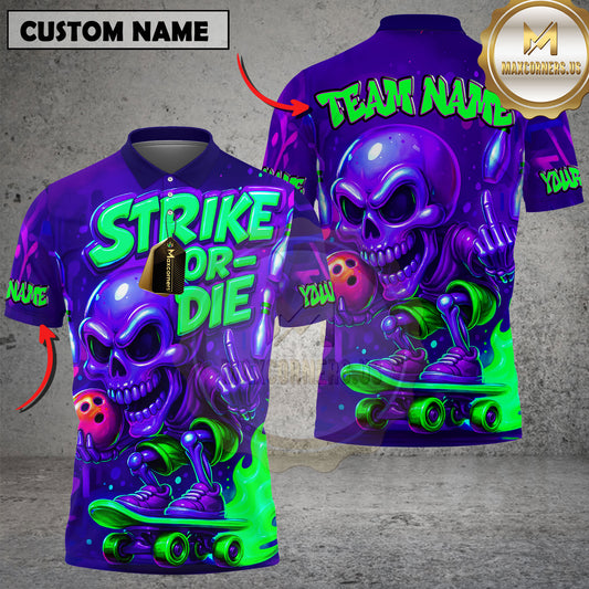 Maxcorners Bowling Shirt Strike or Die Flaming Skeleton Skateboard Style Multioptions Personalized Name, Team Name Unisex 3D Shirt (4 Colors)