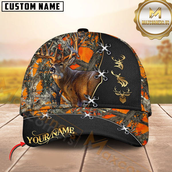 Maxcorners Deer Hunting Antler Camo Leather Stitch Multicolor Options Personalized Name 3D Cap