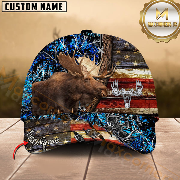 Maxcorners Moose Hunting American Flag Rustic Camo Multicolor Options Personalized Name 3D Cap