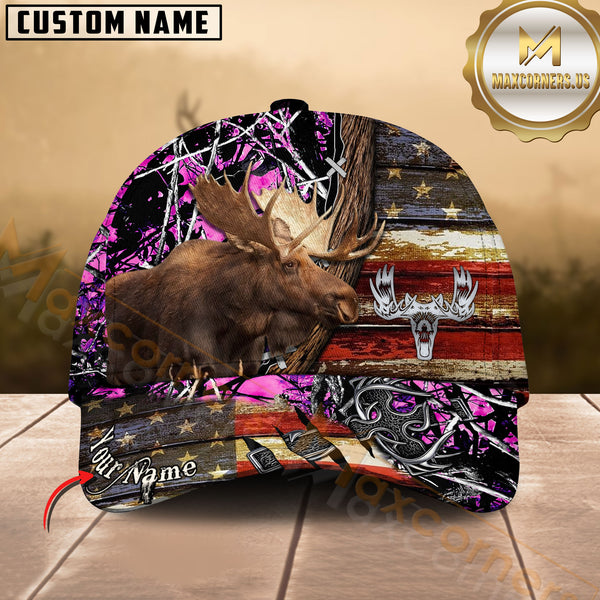 Maxcorners Moose Hunting American Flag Rustic Camo Multicolor Options Personalized Name 3D Cap
