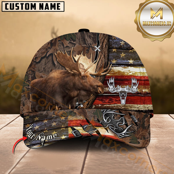 Maxcorners Moose Hunting American Flag Rustic Camo Multicolor Options Personalized Name 3D Cap