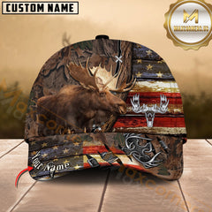 Maxcorners Moose Hunting American Flag Rustic Camo Multicolor Options Personalized Name 3D Cap