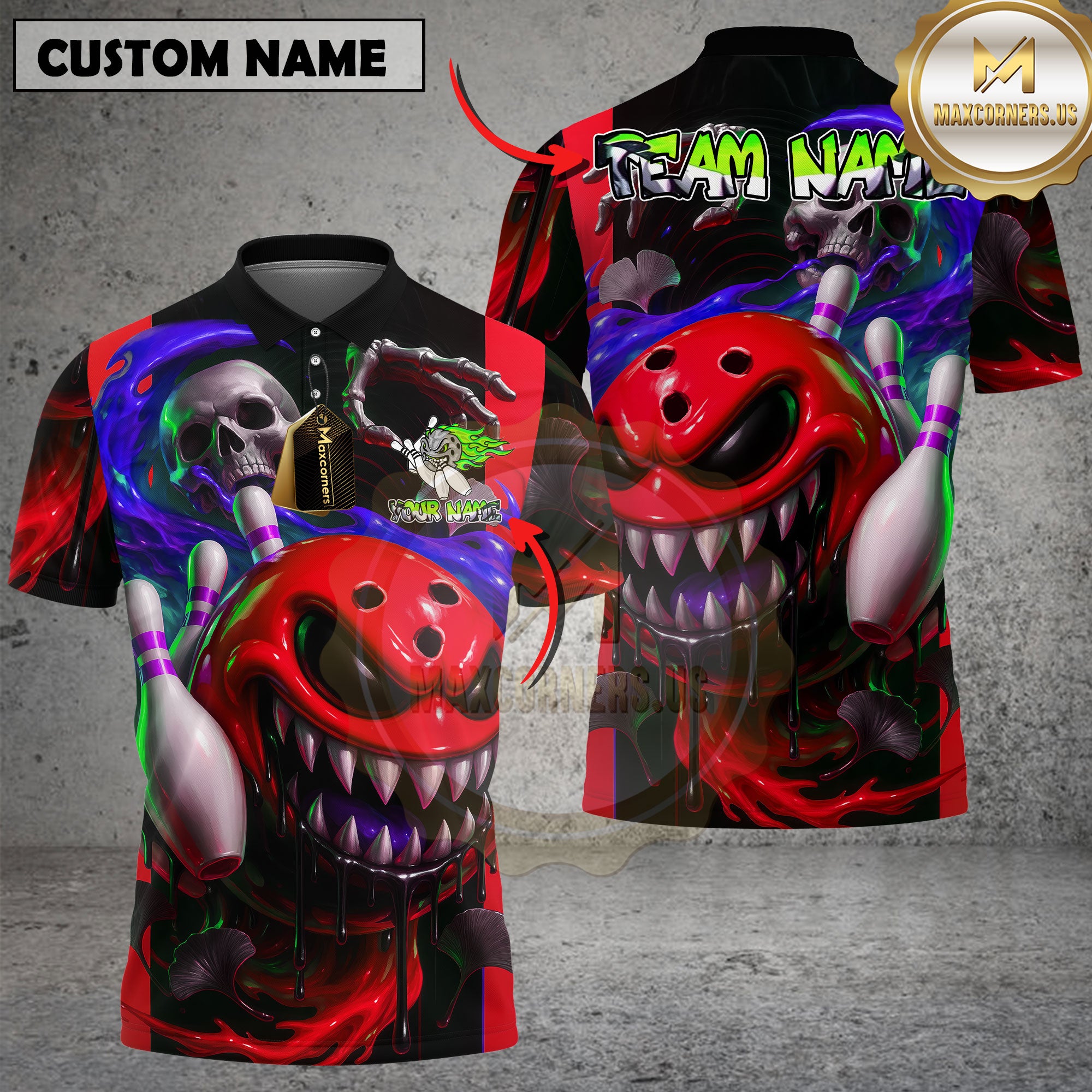 Neon green toxic monster bowling shirt with skull graphic and flaming effect, personalized name and team, unisex 3D sports shirt