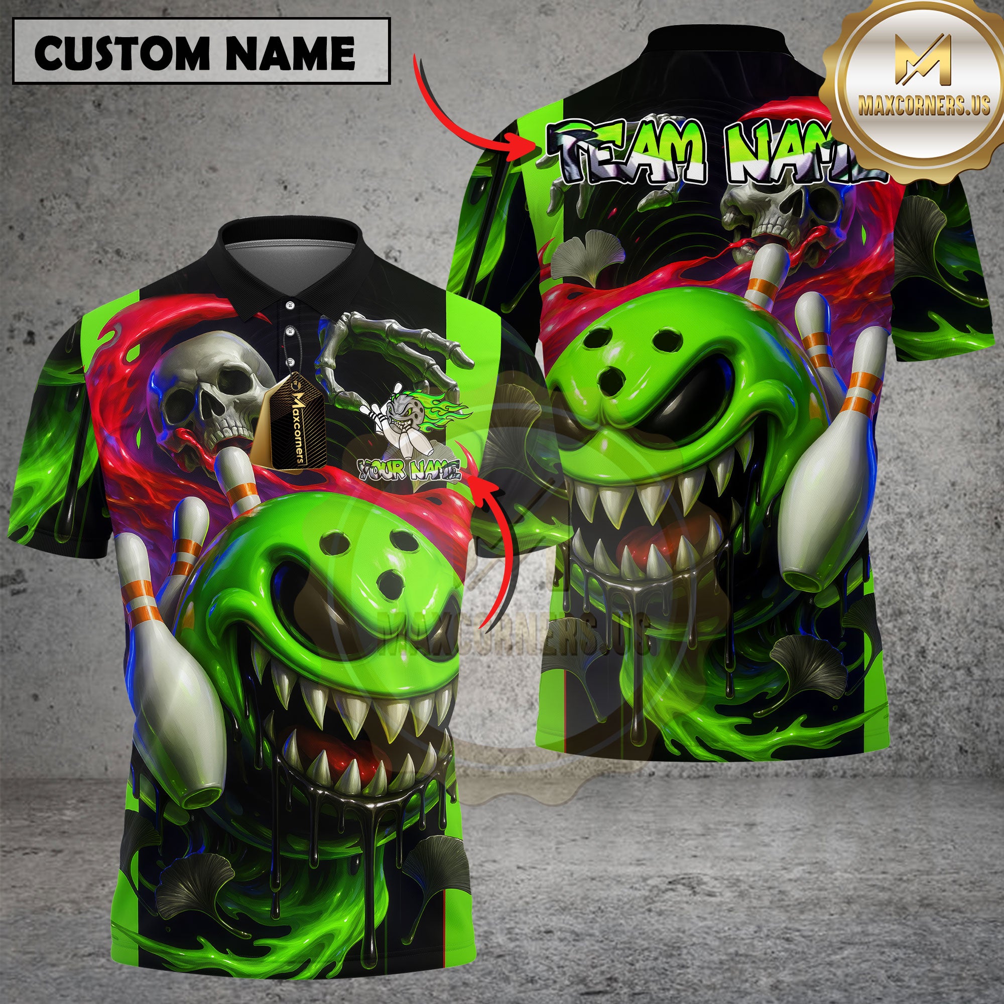 Toxic green monster bowling shirt with skull and flaming neon design, personalized name and team name, Maxcorners 3D sportswear