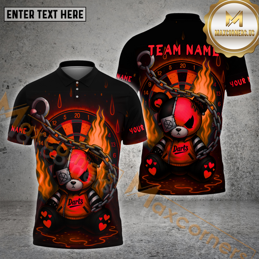 Maxcorners Darts Shirt – Teddy with Chains & Flames, Multicolor Options Personalized Name, Team Name 3D Shirt (4 Colors)