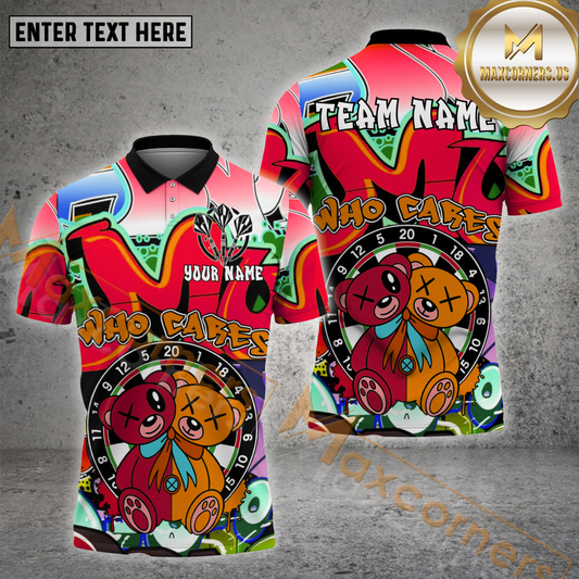 Maxcorners Darts Shirt – Funny Who Cares Teddy Graffiti Style, Multicolor Options Personalized Name, Team Name 3D Shirt (4 Colors)